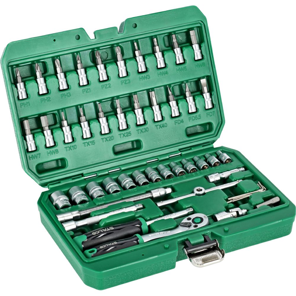 Zestaw kluczy nasadowych 1/4" z grzechotką 90T (48 elem.) | STALCO