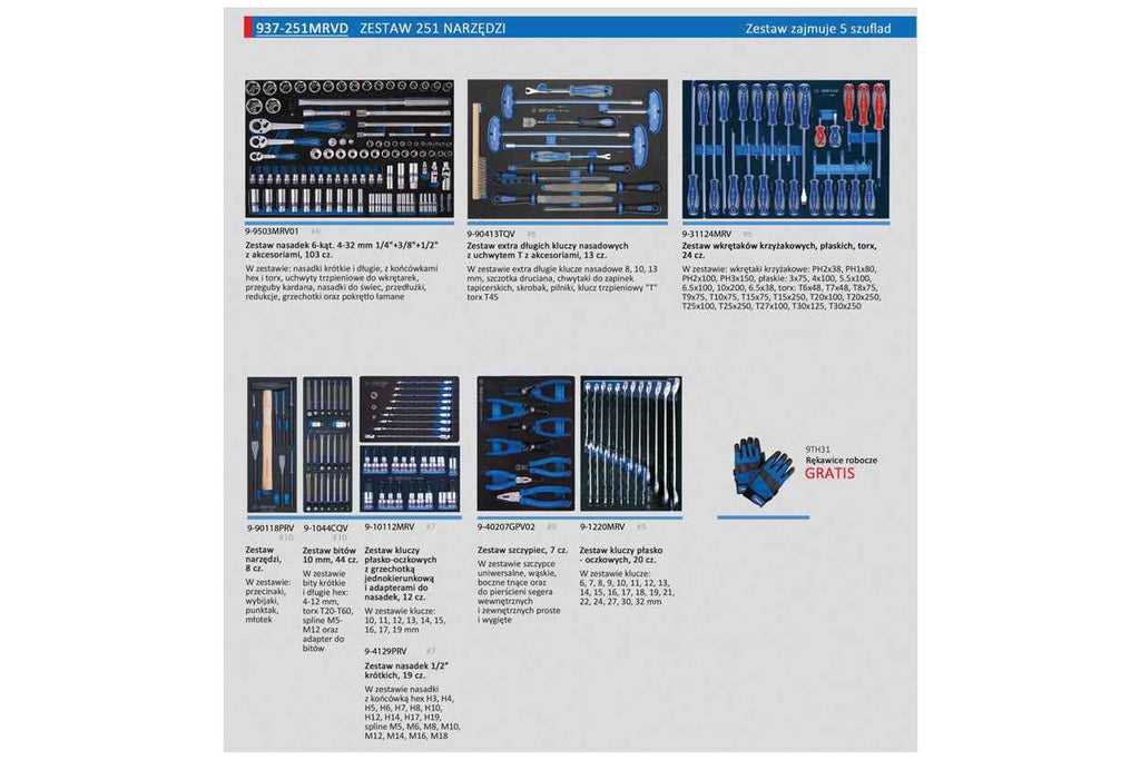 Zestaw 251 narzędzi do wózka warsztatowego (wkłady z pianki) | King Tony