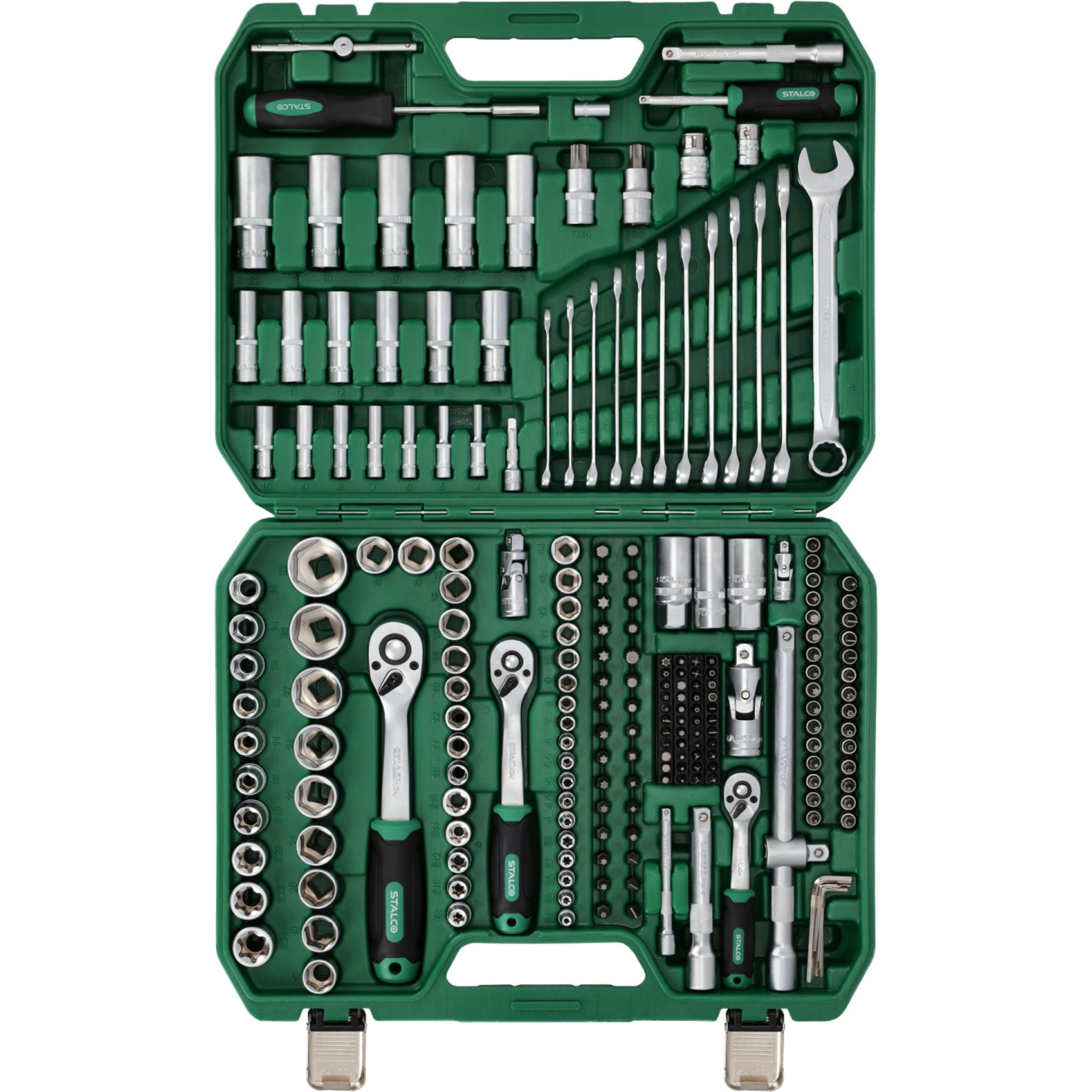Zestaw kluczy nasadowych i płasko-oczkowych 1/2"+3/8"+1/4" (219 el.) | STALCO