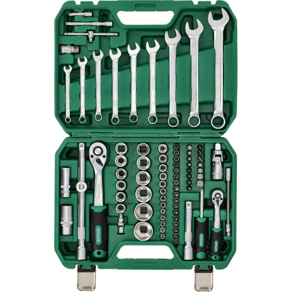 Zestaw kluczy nasadowych i kluczy płasko-oczkowych 1/2"+1/4" (82 el.) | STALCO