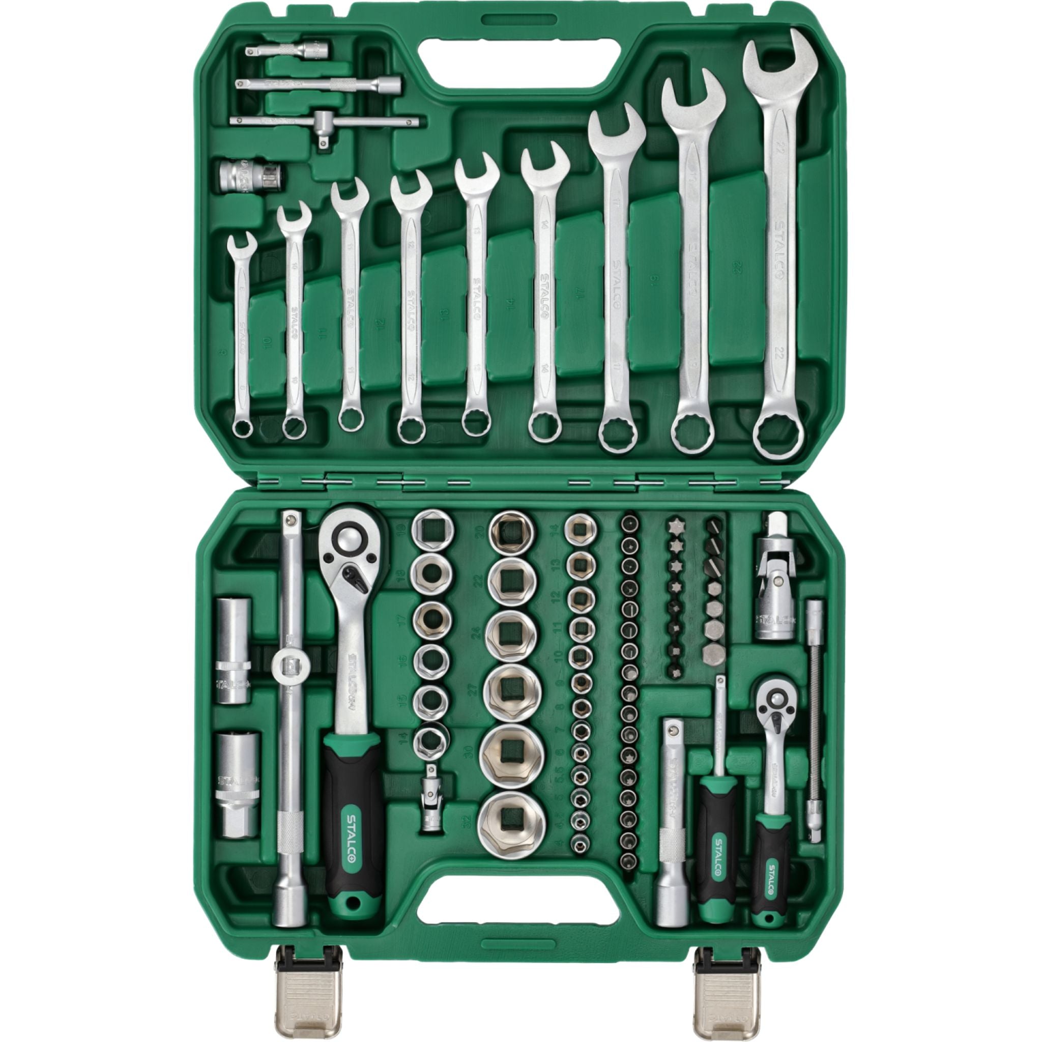 Zestaw kluczy nasadowych i kluczy płasko-oczkowych 1/2"+1/4" (82 el.) | STALCO
