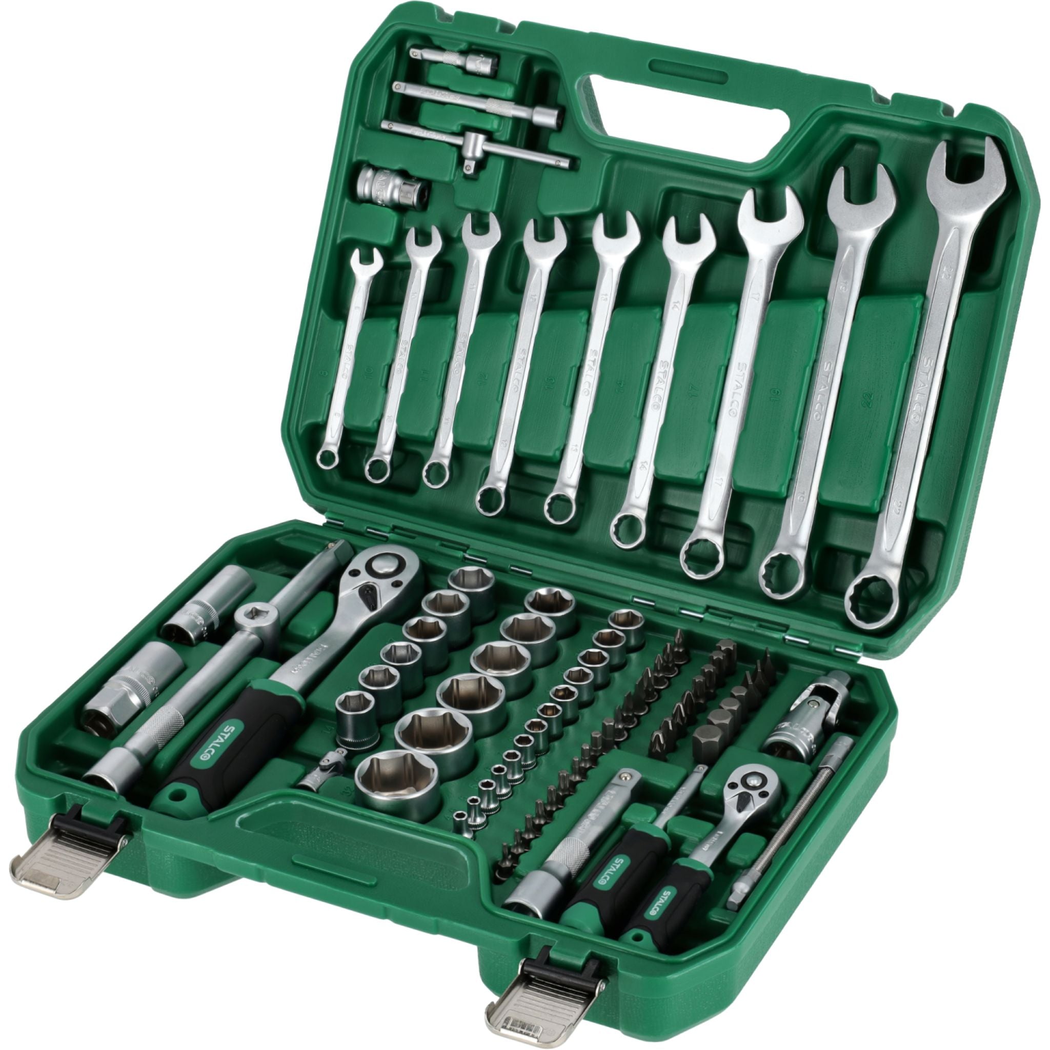 Zestaw kluczy nasadowych i kluczy płasko-oczkowych 1/2"+1/4" (82 el.) | STALCO