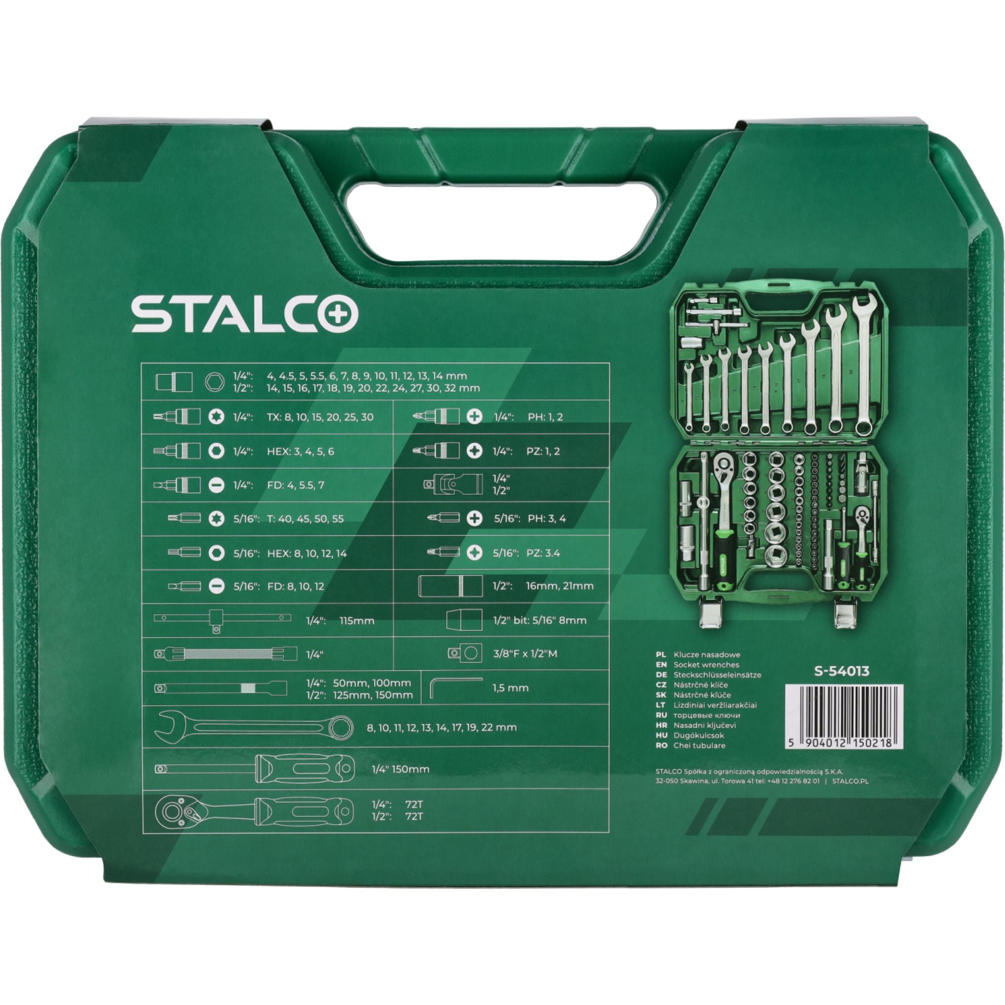 Zestaw kluczy nasadowych i kluczy płasko-oczkowych 1/2"+1/4" (82 el.) | STALCO