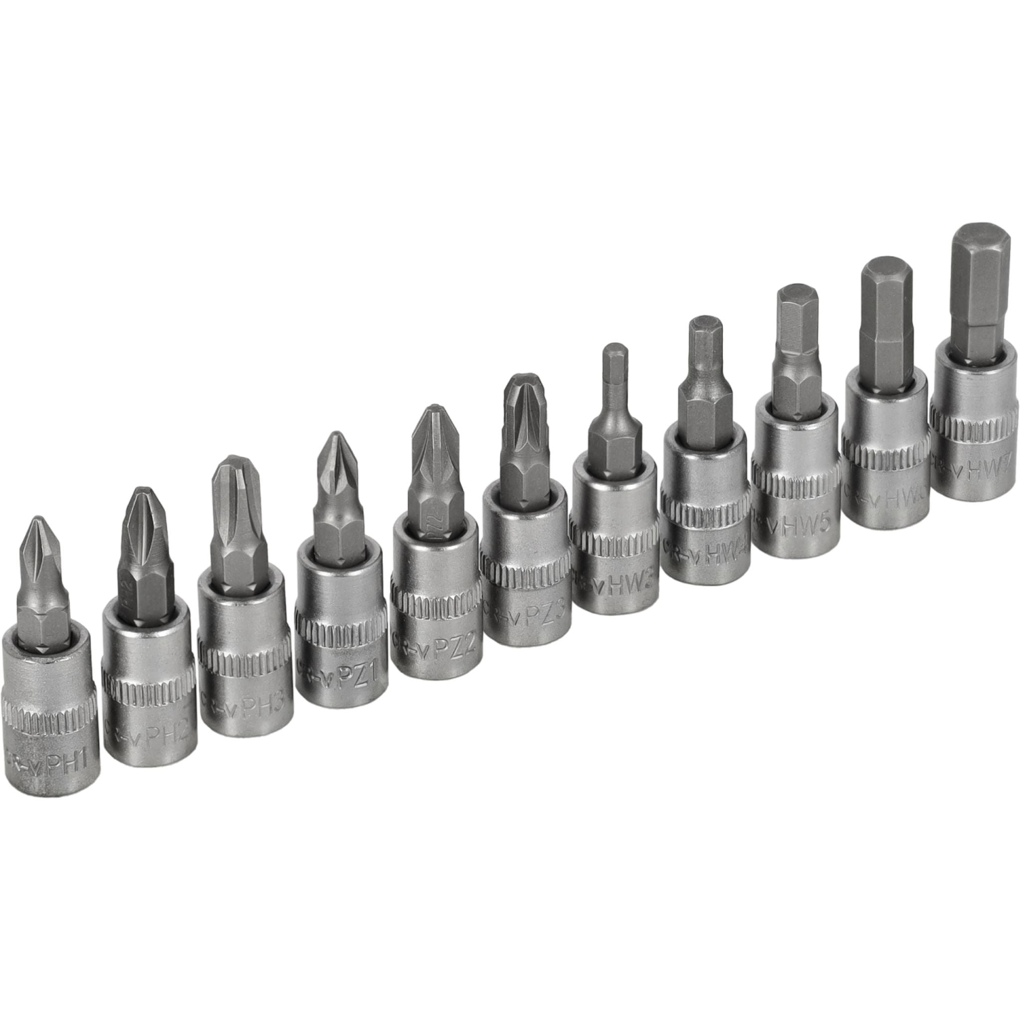 Zestaw bitów PH+PZ+HEX na nasadkach 1/4" na listwie (11 el.) | STALCO