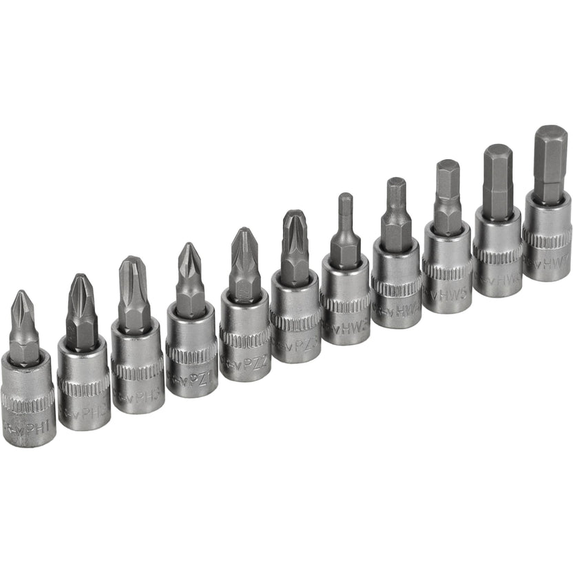 STALCO Zestaw bitów PH+PZ+HEX na nasadkach 1/4" na listwie (11 el.)