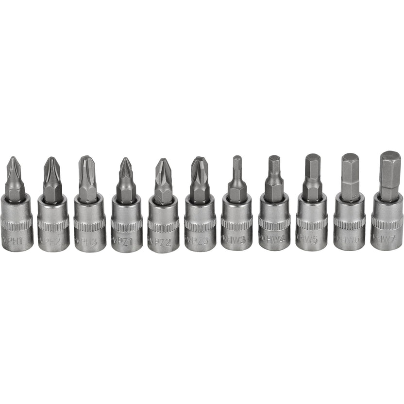 STALCO Zestaw bitów PH+PZ+HEX na nasadkach 1/4" na listwie (11 el.)