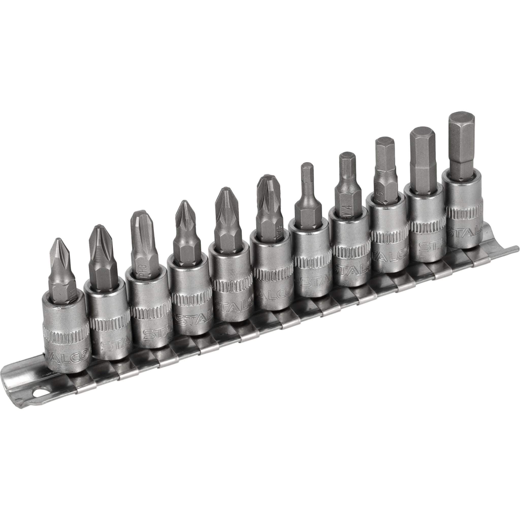 Zestaw bitów PH+PZ+HEX na nasadkach 1/4" na listwie (11 el.) | STALCO