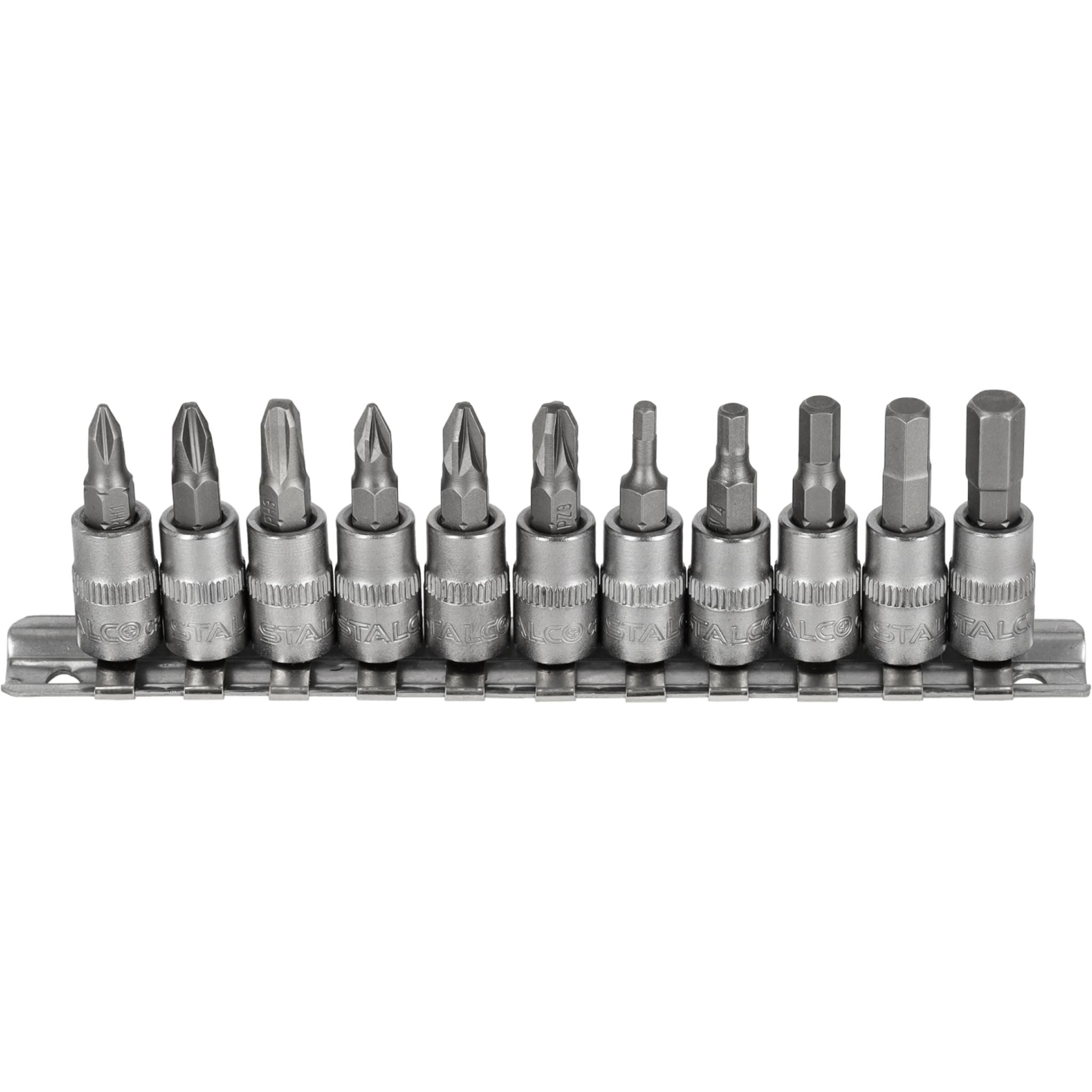 Zestaw bitów PH+PZ+HEX na nasadkach 1/4" na listwie (11 el.) | STALCO