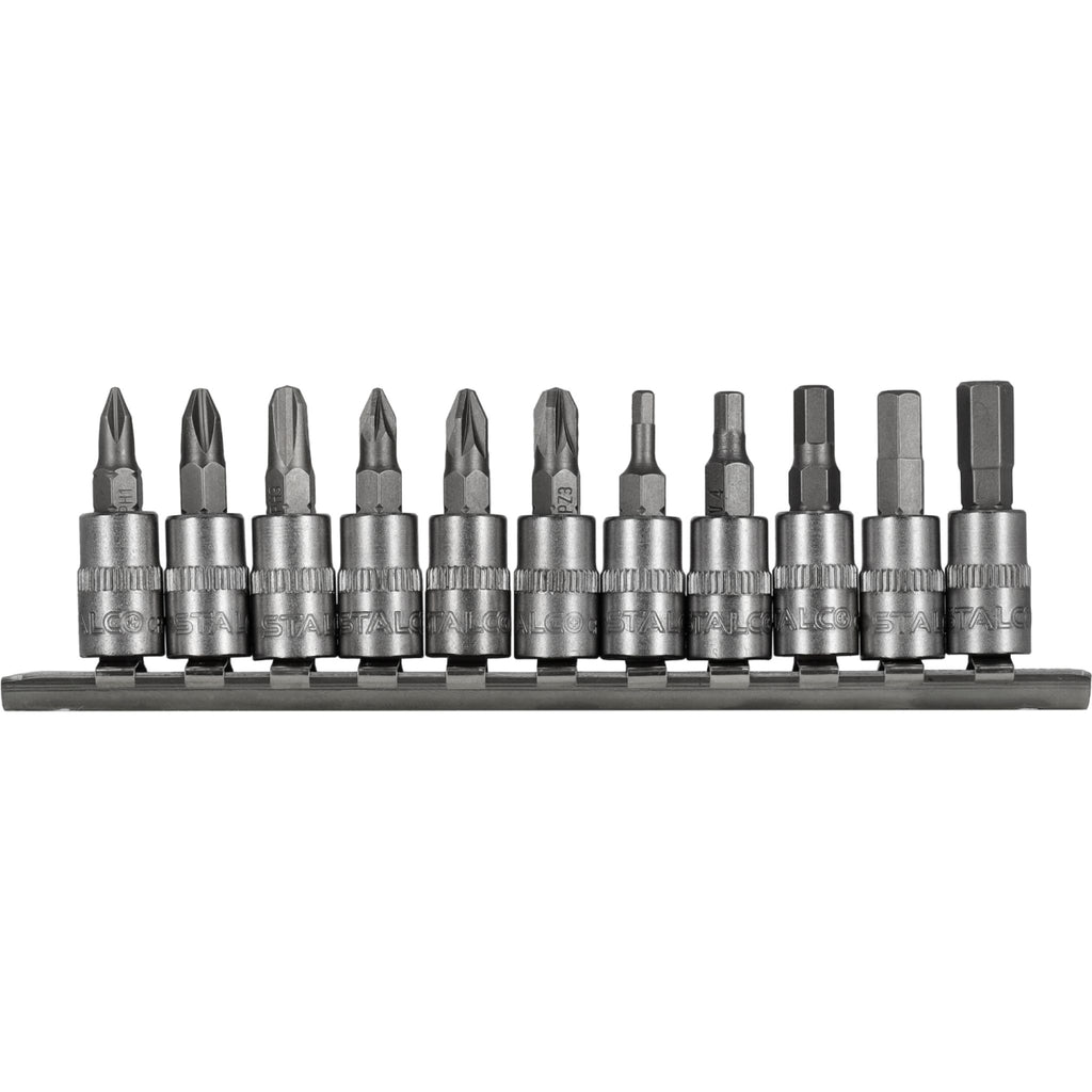 Zestaw bitów PH+PZ+HEX na nasadkach 1/4" na listwie (11 el.) | STALCO