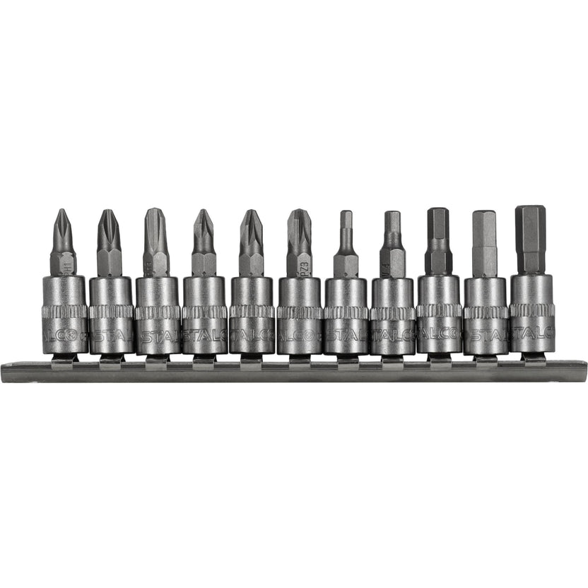 STALCO Zestaw bitów PH+PZ+HEX na nasadkach 1/4" na listwie (11 el.)