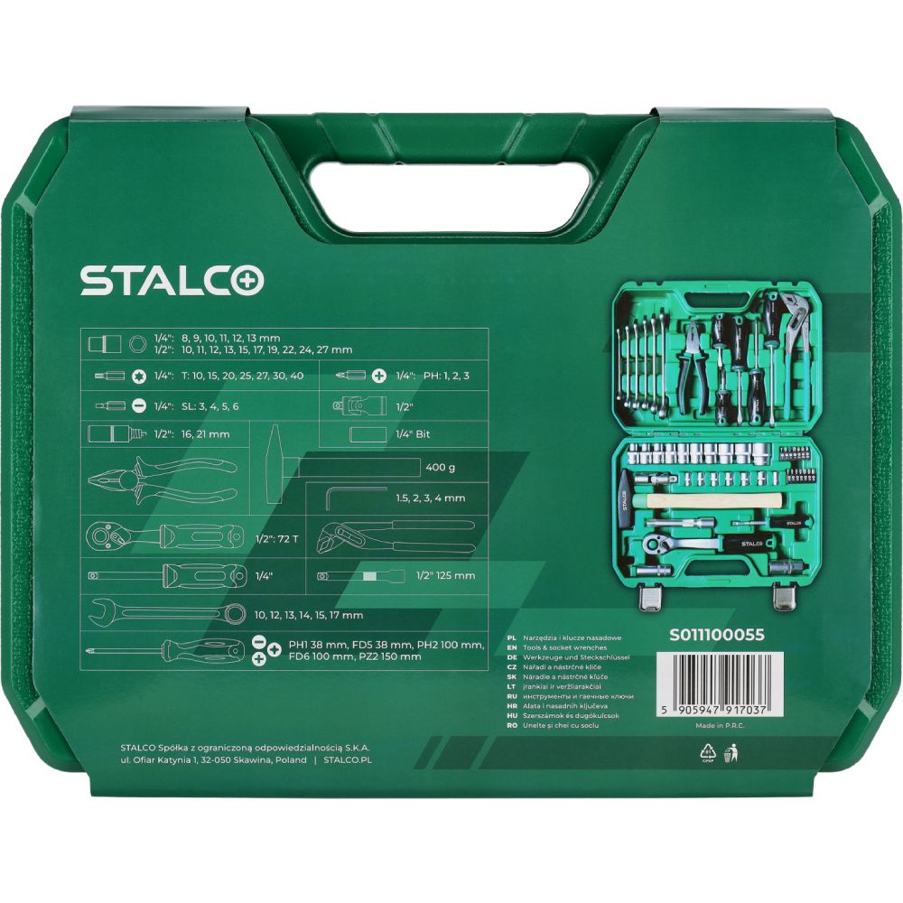 Zestaw multinarzędziowy 1/2"+1/4" z grzechotką 90T (55 elem.) | STALCO