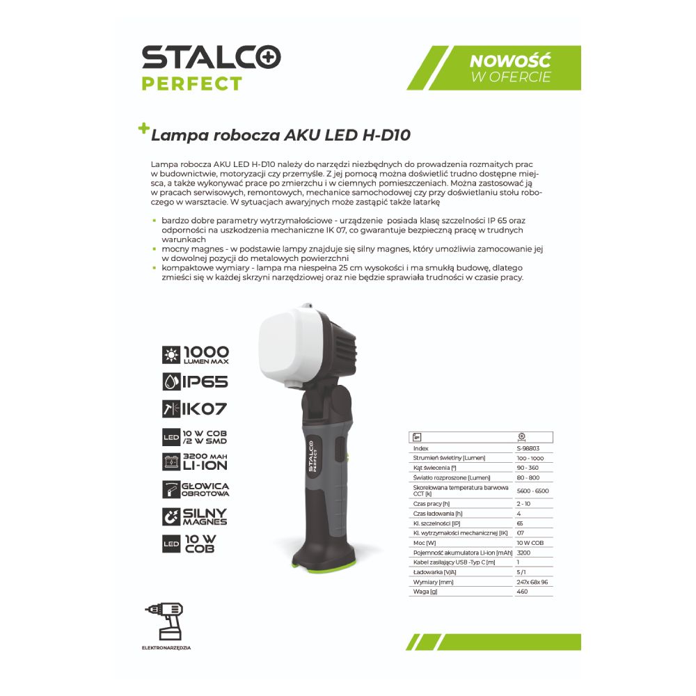 Lampa robocza akumulatorowa LED H-D10 | STALCO PERFECT