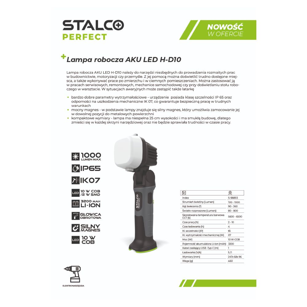 STALCO PERFECT Lampa robocza akumulatorowa LED H-D10